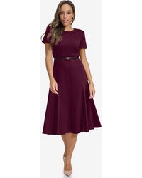 Calvin Klein - Short-sleeve Belted Fit & Flare Dress - Lyst