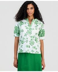 Tahari - Split-neck Puffed-sleeve Top - Lyst