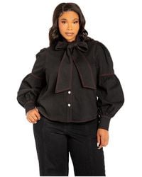 Buxom Couture - Plus Size Bow Neck Puff Sleeve Denim Blouse - Lyst