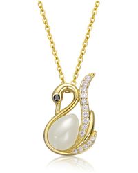 Genevive Jewelry - Sterling Silver 14k Plated Faux Pearl & Cubic Zirconia Swan Pendant Necklace - Lyst