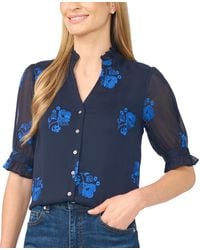 Cece - Floral-embroidery V-neck Elbow-length Sleeve Button-down Blouse - Lyst