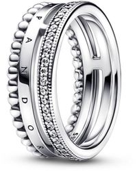 PANDORA - Signature Logo Pave And Beads Ring - Lyst