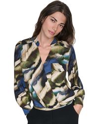 DKNY - Printed Surplice V-neck Long-sleeve Voile Blouse - Lyst