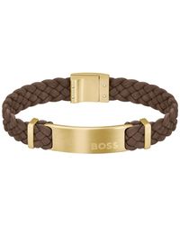BOSS - Boss Dylan Ionic Plated Thin Gold-tone Steel Leather Bracelet - Lyst