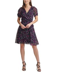DKNY Synthetic Floral-print Knot-sleeve Faux-wrap Dress in Blue - Lyst