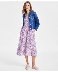 Tommy Hilfiger - Smocked Floral Print Cotton Midi Dress Denim Jacket - Lyst