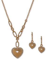 Anne Klein - Gold-tone Pave Textured Heart Lariat Necklace & Drop Earrings Set - Lyst