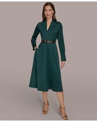 Donna Karan - Satin V-neck Belted A-line Midi Dress - Lyst