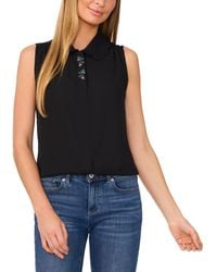 Cece - Embroidered-placket Collared Sleeveless Blouse - Lyst