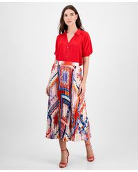 Tahari - Printed Pleated Pull-on Midi Skirt - Lyst