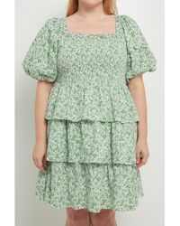 English Factory - Plus Size Crinkled Floral Linen Smocked Tiered Mini Dress - Lyst