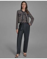 BCBGMAXAZRIA - Braided Trim Tweed Collarless Jacket Printed Sleeveless Tie Neck Blouse Denim Straight Leg Pants - Lyst
