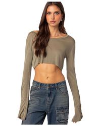 Edikted - Sheer Crop Top With Long Sleeve And Raw Hem - Lyst