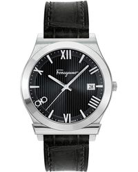 Ferragamo - Salvatore Swiss Gancini Black Leather Strap Watch 41mm - Lyst