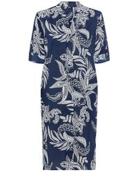 Olsen - 100% Cotton 3/4 Sleeve Collarless Paisley Floral Tunic Shirt Dress - Lyst