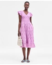 On 34th - Printed Smocked Flutter-sleeve Midi Dress - Lyst