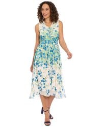 London Times - V-neck Sleeveless Smocked-waist Dress - Lyst