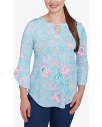 Ruby Rd. - Petite Cloisonne Floral Puff Print Three Quarter Sleeve Top - Lyst