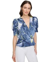DKNY - Printed V-neck Puff-sleeve Top - Lyst