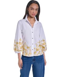 KARL LAGERFELD - Gold-tone Embroidery Puff Sleeve Button-front Blouse - Lyst