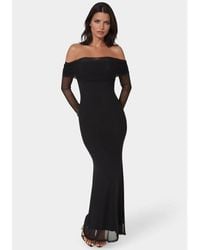 Bebe - Long Sleeve Off The Shoulder Mesh Maxi Dress - Lyst
