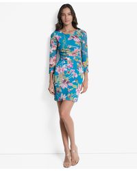 DKNY - Petites Printed Ruched 3/4-sleeve Bodycon Dress - Lyst