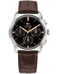 Tommy Hilfiger - Multi-function Dark Leather Strap Watch 38mm - Lyst