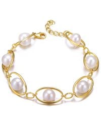 Genevive Jewelry - Sterling Silver 14k Plated Genuine Freshwater Pearl And Cubic Zirconia Link Oval Spring Adjustable Bracelet - Lyst