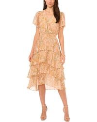 Vince Camuto - Printed Smocked-waist Faux-wrap Tiered Midi Dress - Lyst