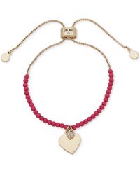 DKNY - Gold-tone Pave Heart Charm Beaded Slider Bracelet - Lyst
