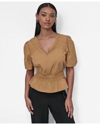 DKNY - V-neck Puff-sleeve Peplum Top - Lyst