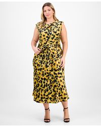 Tahari - Plus Size Pleat-neck Waist-tie Midi Dress - Lyst