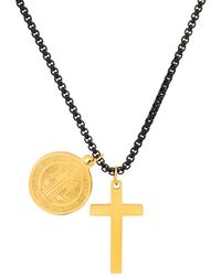 Steeltime - Black-tone Ip & 18k Gold-plated Stainless Steel Cross And St. Benedict Religious 24" Pendant Necklace - Lyst
