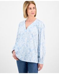 Style & Co. - Petite Vine-print Smocked-cuff V-neck Top - Lyst