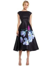 Mac Duggal - Floral Print Cap Sleeve Satin Midi Dress - Lyst