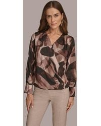 Donna Karan - Petite Printed Satin Long Sleeve Wrap Top - Lyst