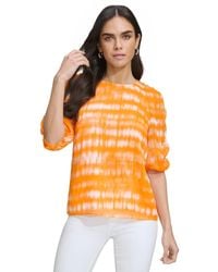 Calvin Klein - Printed Ruched-sleeve Textured Top - Lyst