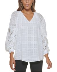 Calvin Klein Synthetic Plaid Gathered Sleeve Semi-sheer Top in Steel ...