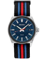 Seiko Analog Essentials Black, Blue & Red Striped Nylon Strap Watch 40mm