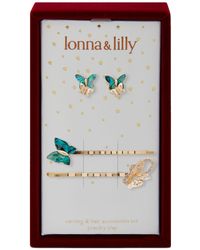 Lonna & Lilly Gold-tone Mixed Stone Butterfly Bobby Pins & Stud Earrings Set - Gray