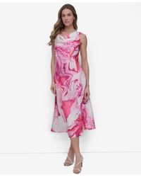 DKNY - Printed Cowlneck Sleeveless Midi Dress - Lyst