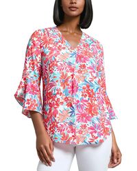 Jones New York - Floral-print V-neck Flutter-sleeve Blouse - Lyst
