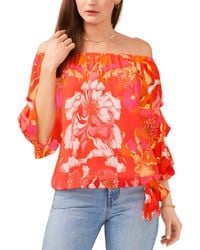 Vince Camuto - Floral Print Off The Shoulder Bubble Sleeve Tie Front Blouse - Lyst