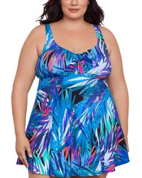 Swim Solutions - Plus Size Abstract-print Bow-front Swim Dress - Lyst