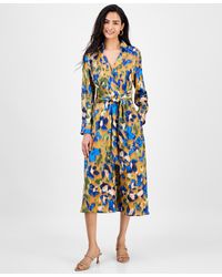 Tahari - Printed V-neck Tie-waist Midi Dress - Lyst