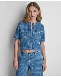 DKNY - Cropped Patch Pocket Short-sleeve Boucle Denim Shirt Jacket - Lyst