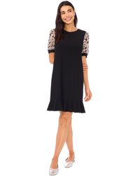 Cece - Mixed Media Sheer Floral Puff Sleeve Knit Dress - Lyst