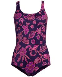 Lands' End - Long Scoop Neck Soft Cup Tugless Sporty One Piece Swimsuit Print - Lyst