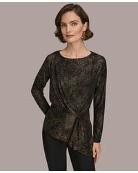 Donna Karan - Foil Knit Cinch Waist Long Sleeves Top - Lyst