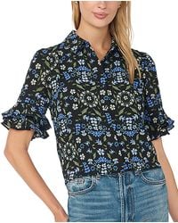 Cece - Double-ruffle Floral-print Short-sleeve Button-down Shirt - Lyst